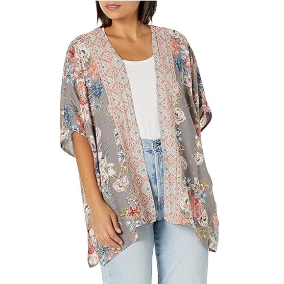 Angie M NEW Womens Pink Gray Floral Printed Classic Kimono Dove Boho - Picture 1 of 8